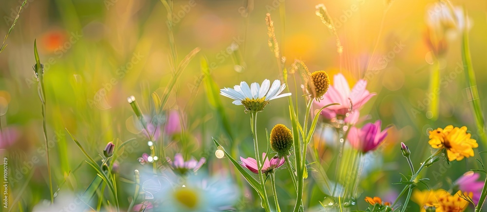 Poster Meadow wild flower in bloom with selective soft focus for a copy space image
