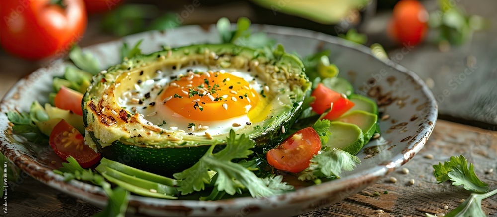 Poster a plate with a delectable egg baked in avocado accompanied by fresh vegetables presented on a table 