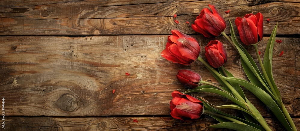 Aufkleber Red tulips resting on a vintage wooden surface provide a lovely composition in a rustic setting perfect for a copy space image