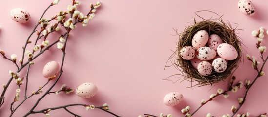Easter holiday card featuring a basket of eggs on a pink background adorned with pussy willow twigs with copy space for text Representing a spring themed mockup design with farm fresh healthy food in