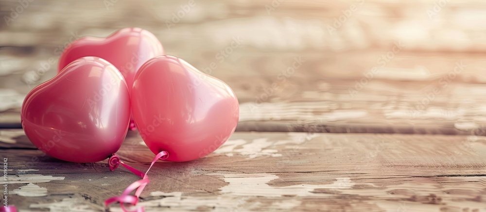 Poster Heart shaped pink balloons on a wooden surface for display featuring copy space image