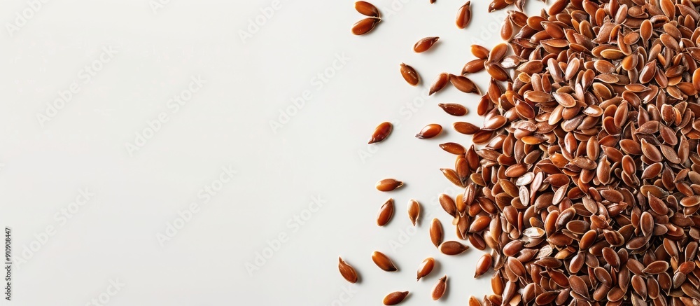 Aufkleber Top view of flax seeds on a white backdrop with room for text in the image. Creative banner. Copyspace image