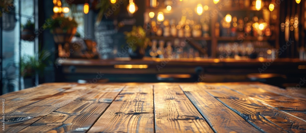 Poster wooden table in a bar restaurant with a menu frame for text marketing promotions and a copy space im