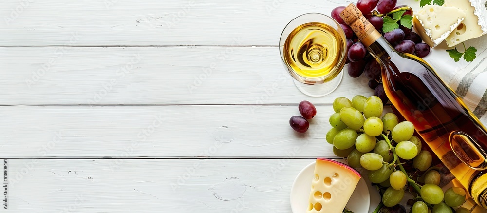 Poster top down view of a white wine bottle grapes cheese and a wineglass arranged on a white wooden surfac