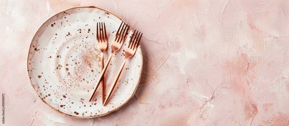 Poster rose gold dessert forks on an off white plate with speckles placed on a light pink surface in a flat