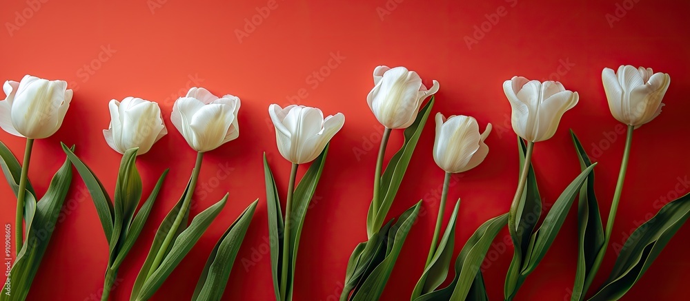 Poster top view of white tulips on a colored backdrop with copy space image