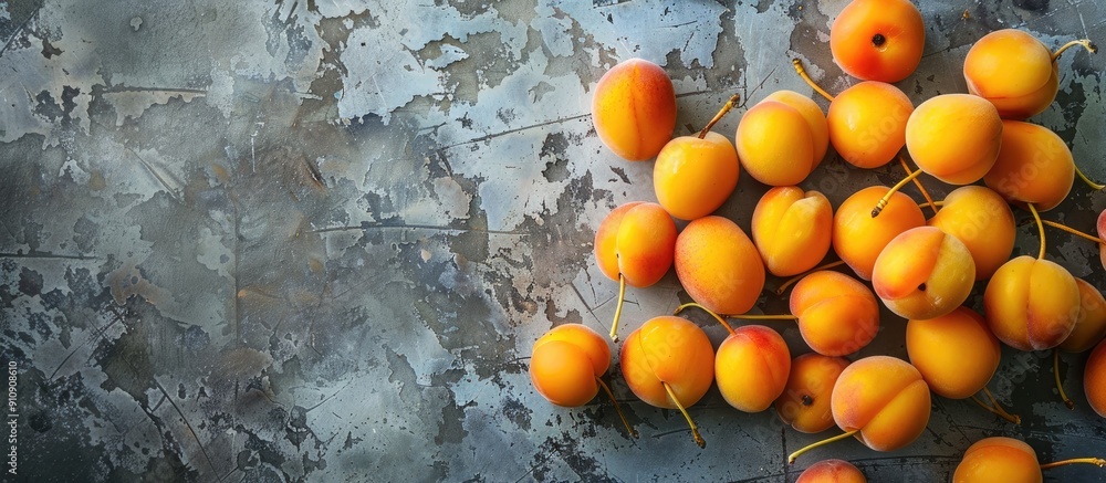 Poster organic apricots neatly stacked on a rustic concrete table showcasing a harvest of fresh local produ