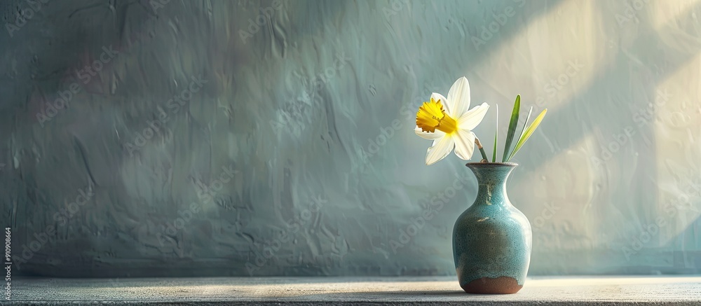 Poster A single daffodil in a vase set against a blank wall perfect copy space image