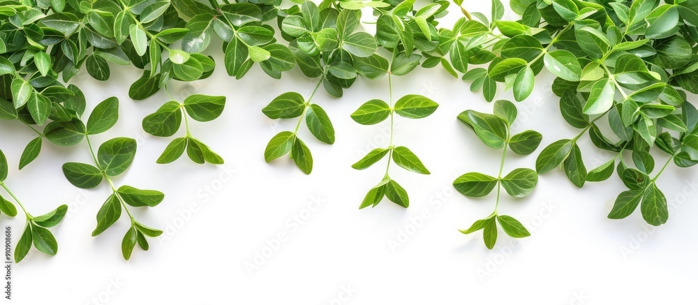 Poster top view of young green plants and leaves on a white background ideal for copy space images