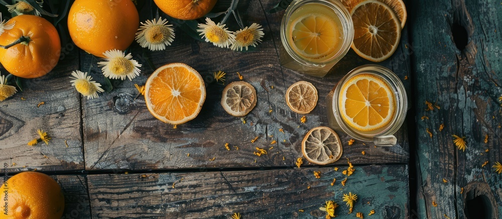 Poster wooden table showcasing a refreshing lemonade garnished with oranges and dried chrysanthemum creatin