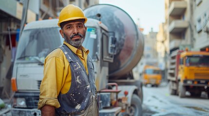 Construction Worker Posing in Front of a Cement Mixer