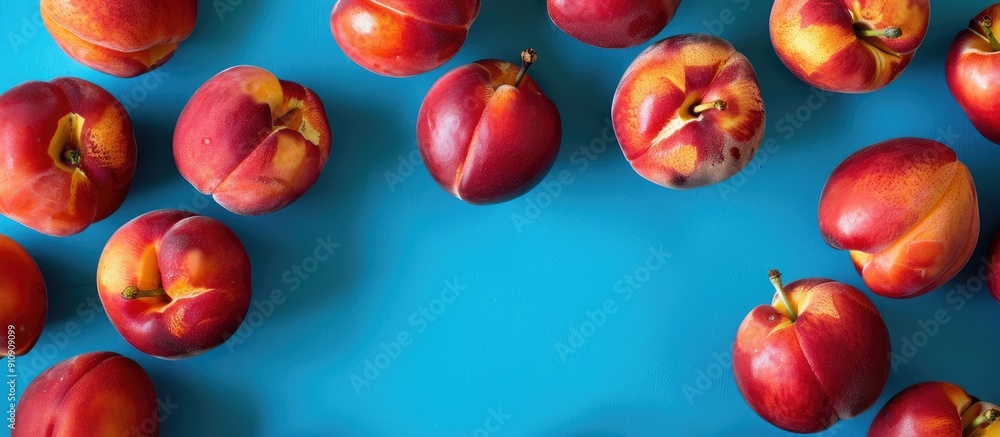 Poster Fresh nectarines arranged in a flat lay on a blue backdrop shot from above with an area for adding text or images. Creative banner. Copyspace image