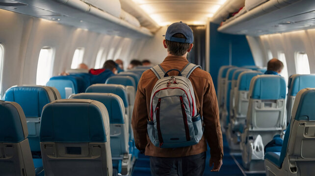 Rear view of man tourist wearing backpack and hat, standing in the aisle of airplane looking for seat. Travelling by plane
