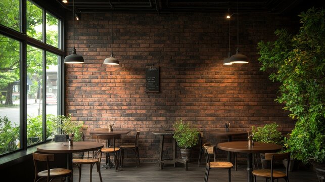 Cozy interior of a modern cafe with brick wall, wooden tables, and greenery, creating a warm and inviting atmosphere for guests.