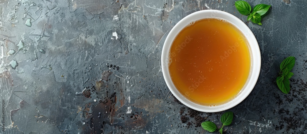 Poster a healthy food moment captured from above with a bowl of broth on a gray background providing ample 