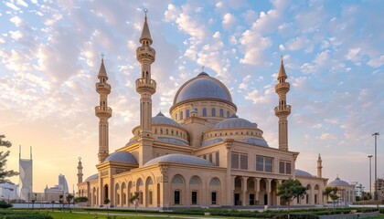 Fototapeta premium An impressive mosque with a magnificent dome and tall minaret against a cloudy sky