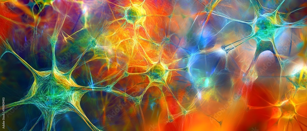 Poster vibrant and dynamic digital artwork depicting the complex neural connections and brain activity brig