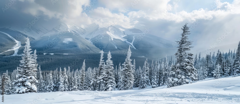 Aufkleber scenic winter mountains with snow covered spruce trees against a cloudy sky stunning copy space imag