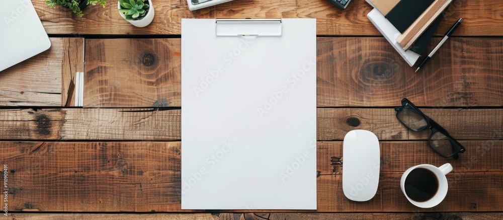 Fototapete minimal flat lay style with a blank paper page on a wooden office desk accompanied by various object