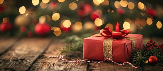 Festive gift box displayed on a wooden table with copy space image conveying warm wishes for Christmas New Year and Valentine s Day