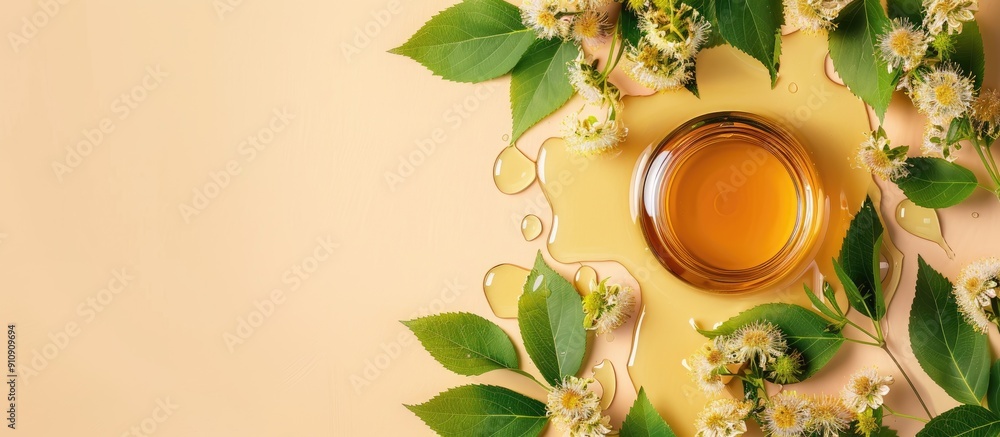 Poster Top view of linden honey with leaves flowers and copy space image on a colorful background
