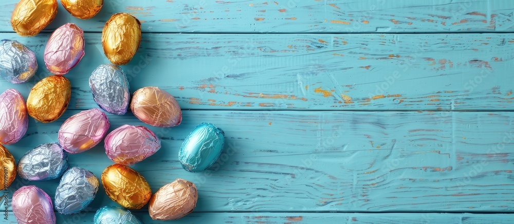 Aufkleber a light blue wooden table adorned with colorful foil wrapped chocolate eggs providing ample copy spa