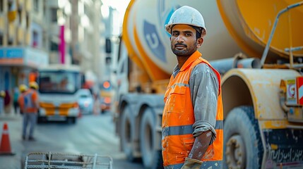 Construction Worker in Front of Concrete Mixer Truck