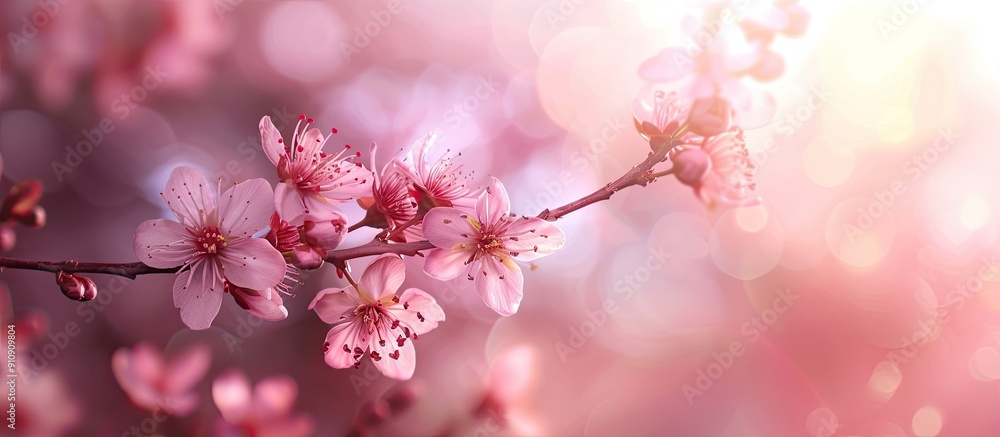 Poster spring themed template featuring a twig of pink sakura flowers on a blurred pink backdrop with selec