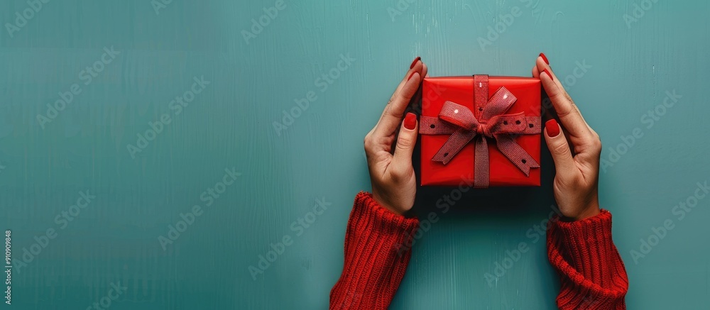Poster Top view of female hands holding a red gift box on a blue background ideal for text placement with a holiday theme. Creative banner. Copyspace image