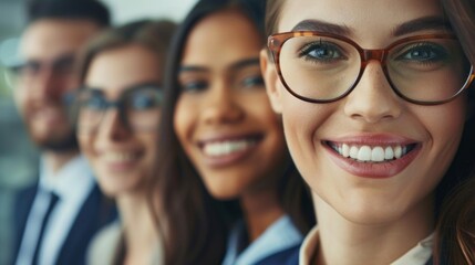 Obraz premium A group of people are smiling and wearing glasses