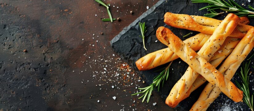 Italian breadsticks seasoned with rosemary and salt on a dark brown stone surface captured from above leaving room for additional content such as a copy space image
