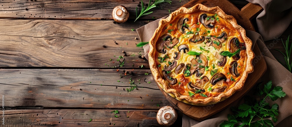 Aufkleber Tasty mushroom quiche on a wooden table top view for text on a copy space image