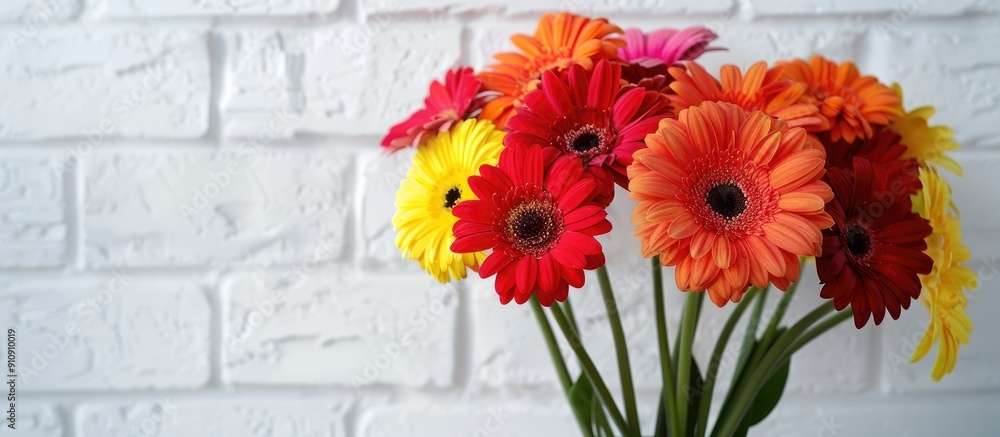 Poster Mock up displaying a vibrant bouquet of gerbera daisies on a white brick backdrop with copy space image