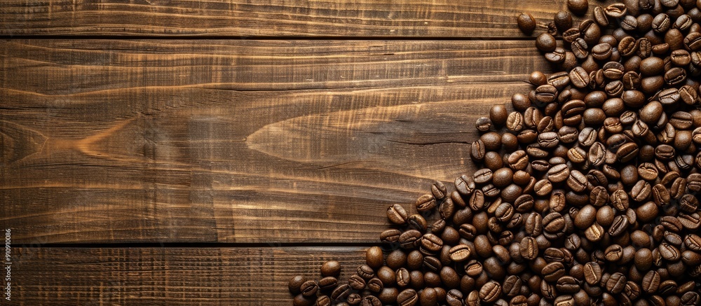 Poster A wooden background with coffee beans displayed and space for text or images. Creative banner. Copyspace image
