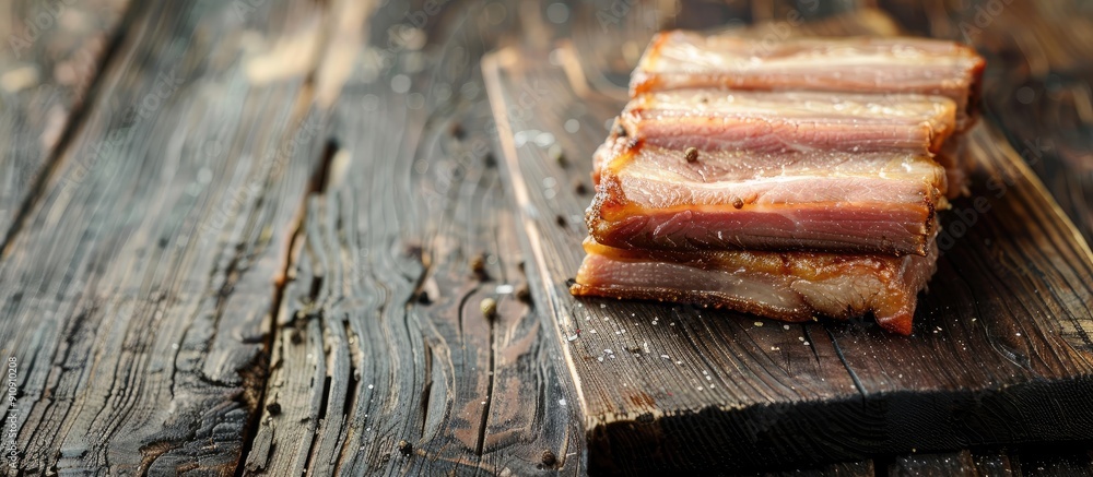 Poster uncooked pork belly slices on a wooden table for chinese new year dishes with space for text or imag