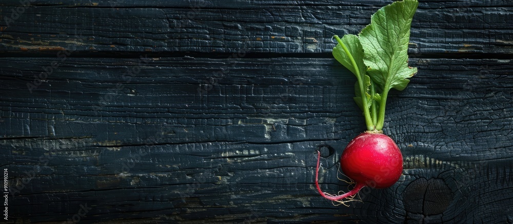 Poster a vibrant radish displayed on a dark wooden surface with room for a copy space image serving as a fo
