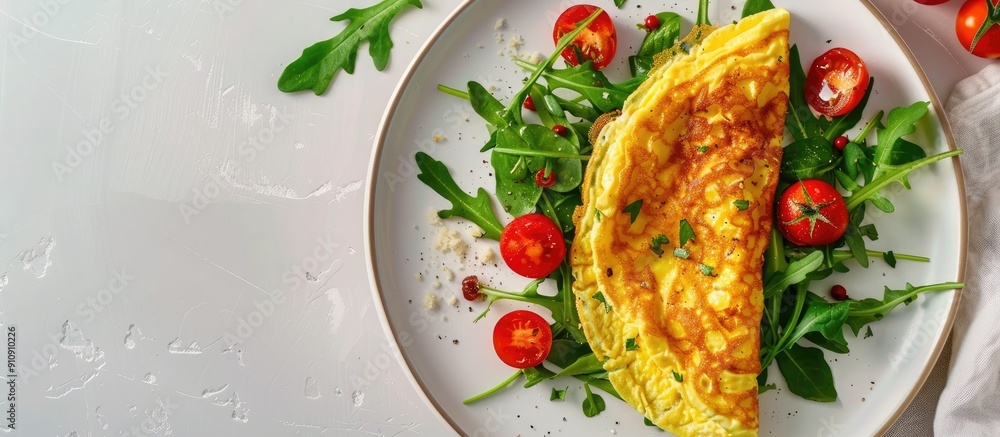 Poster spinach omelet garnished with cheese arugula and tomatoes on a white plate with space for text or im