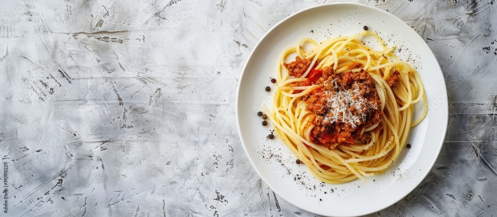 Poster Savoring spaghetti bolognese sprinkled with black pepper and salt on a white plate against a textured backdrop with ample copy space for additional elements