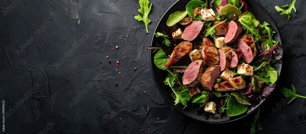 Aufkleber fresh salad with duck breast cheese and fillet pieces on a black background for copy space image ide