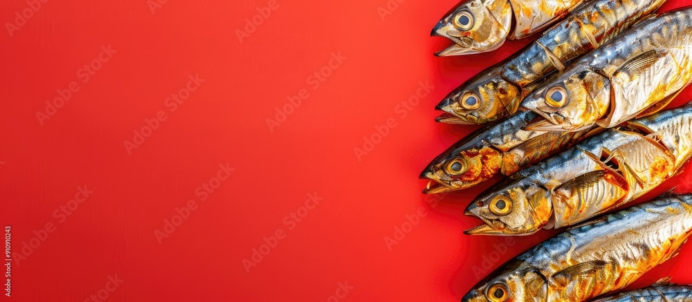 Poster Fried mackerel arranged on red background with copy space image