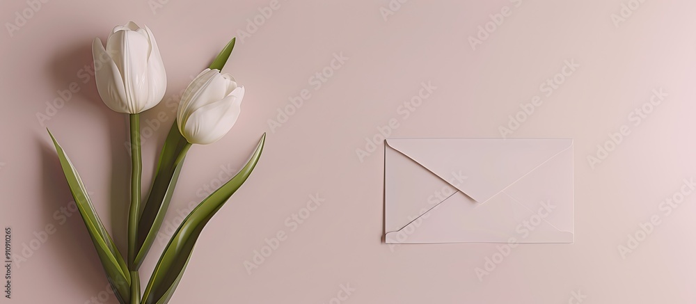 Poster Sleek mockup featuring a white tulip and a craft envelope on a plain background with a flat lay perspective and top view ideal for design with copy space image