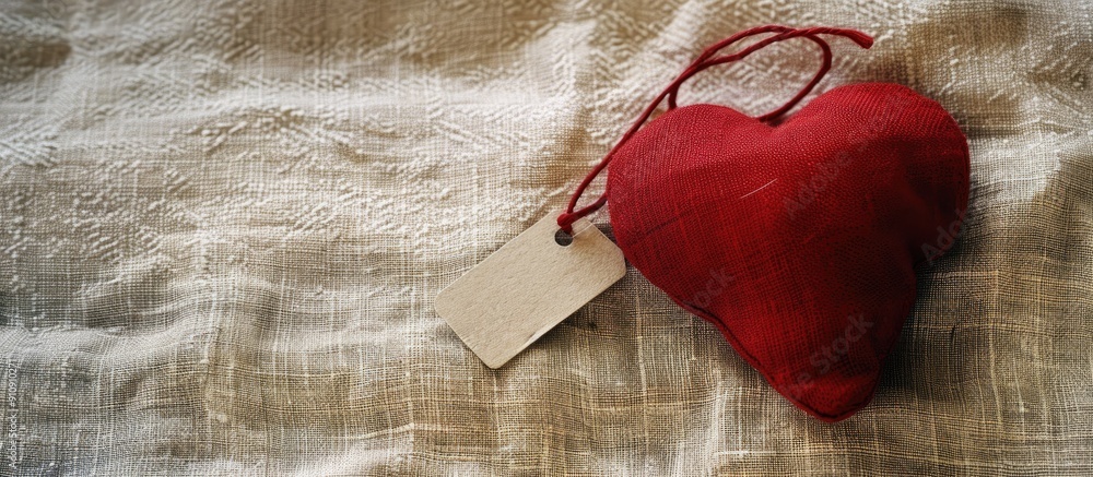 Poster handmade red cloth heart on vintage linen fabric with tag label perfect for valentine s day ideal fo