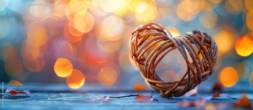 Poster Heart shaped wicker made of rattan symbolizing love set against a colorfully foiled background with selective focus for a copy space image