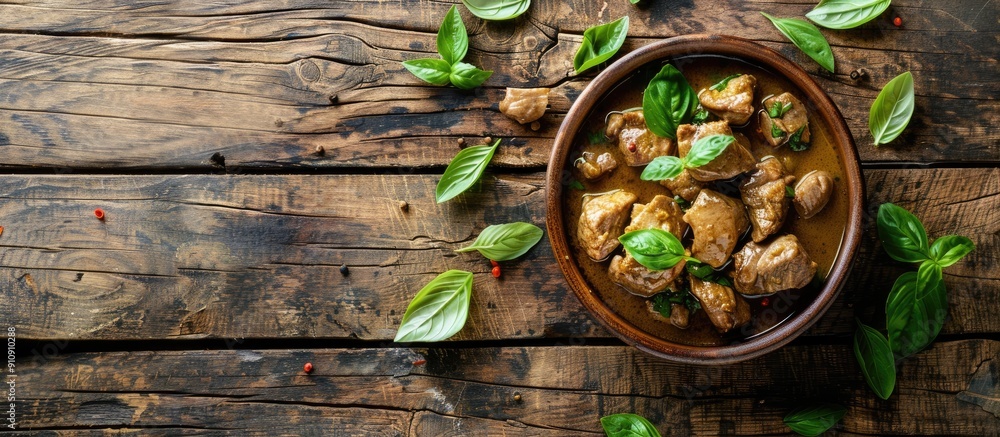 Aufkleber Green curry pork displayed on a rustic wooden table with ample copy space for text or image