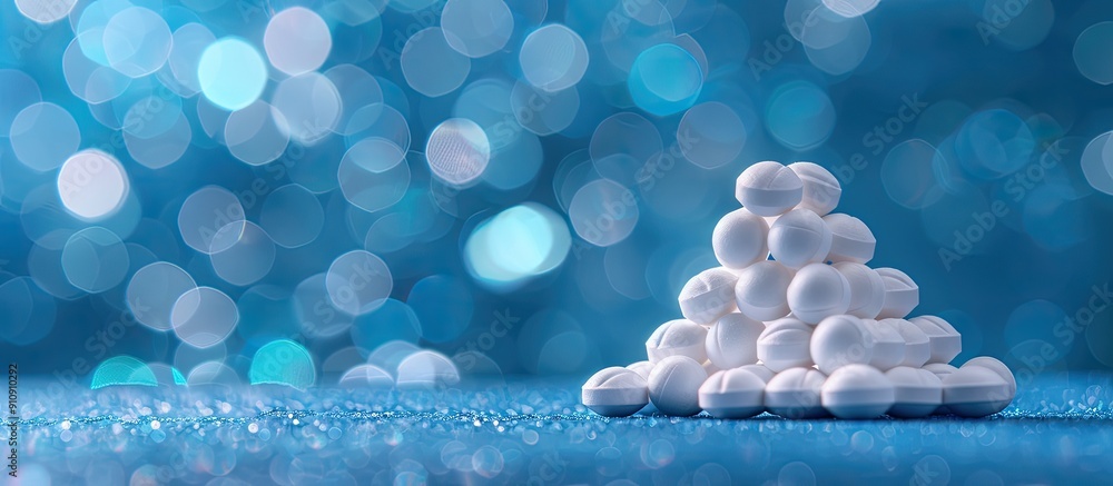Aufkleber Foreground close up of white pills forming a pyramid on a blue backdrop with soft bokeh providing copy space image