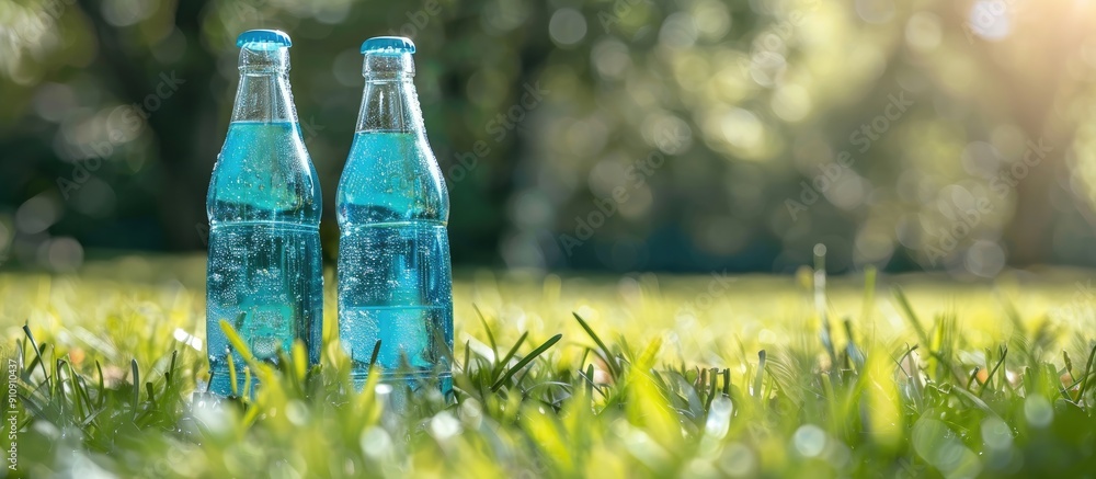 Poster in a summer park there is a panoramic view of glass bottles of blue isotonik drink placed on the gra