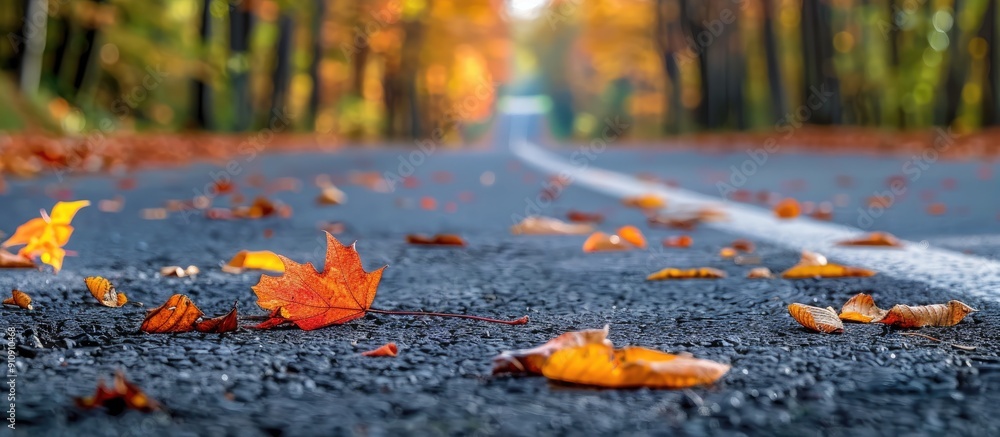 Aufkleber fall foliage scattered on the road with a copy space image