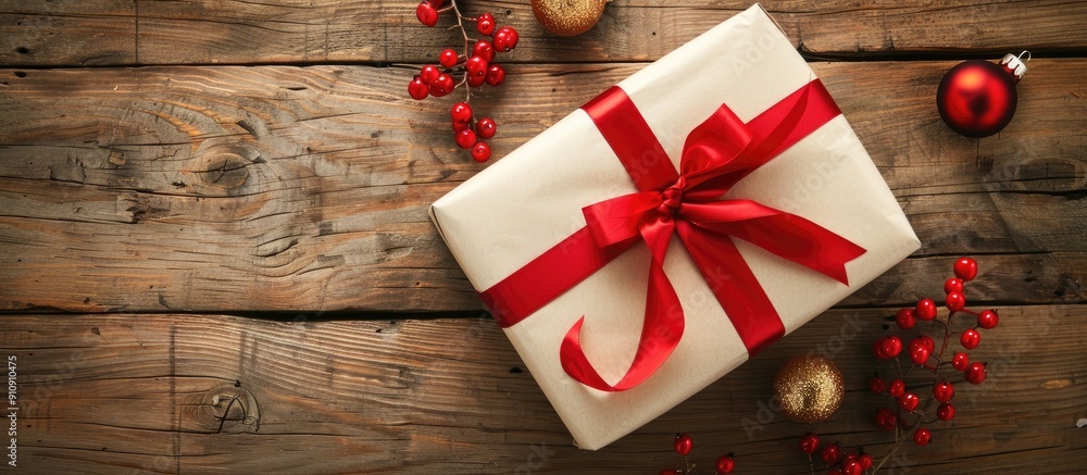 Aufkleber festive photo of a bright christmas gift box wrapped in parchment paper with a red ribbon displayed 