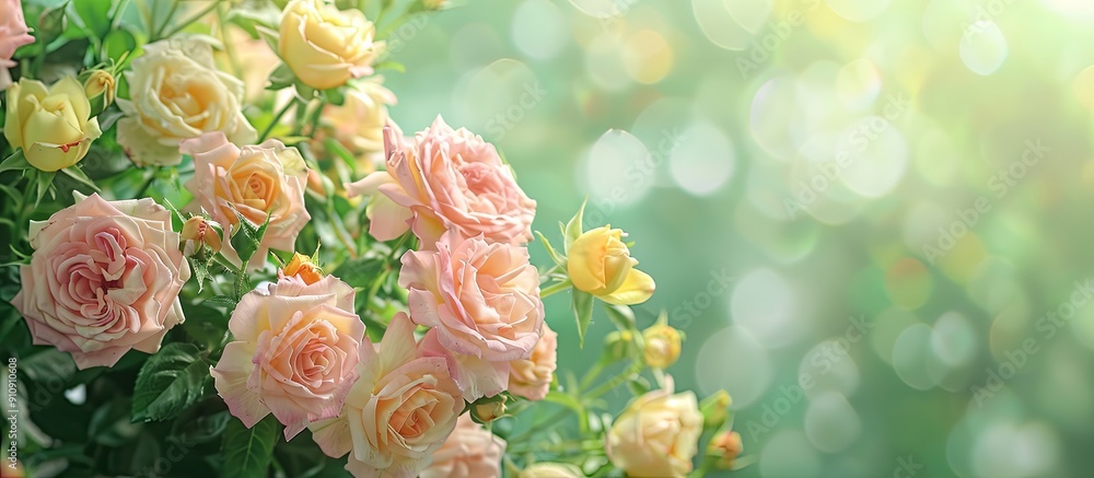 Aufkleber A stunning display of pink and yellow roses set in front of a softly blurred green background creating an aesthetically pleasing copy space image