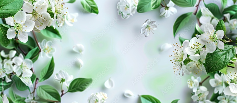 Poster abstract floral border with green leaves and white flowers on a spring blossom background with copy 